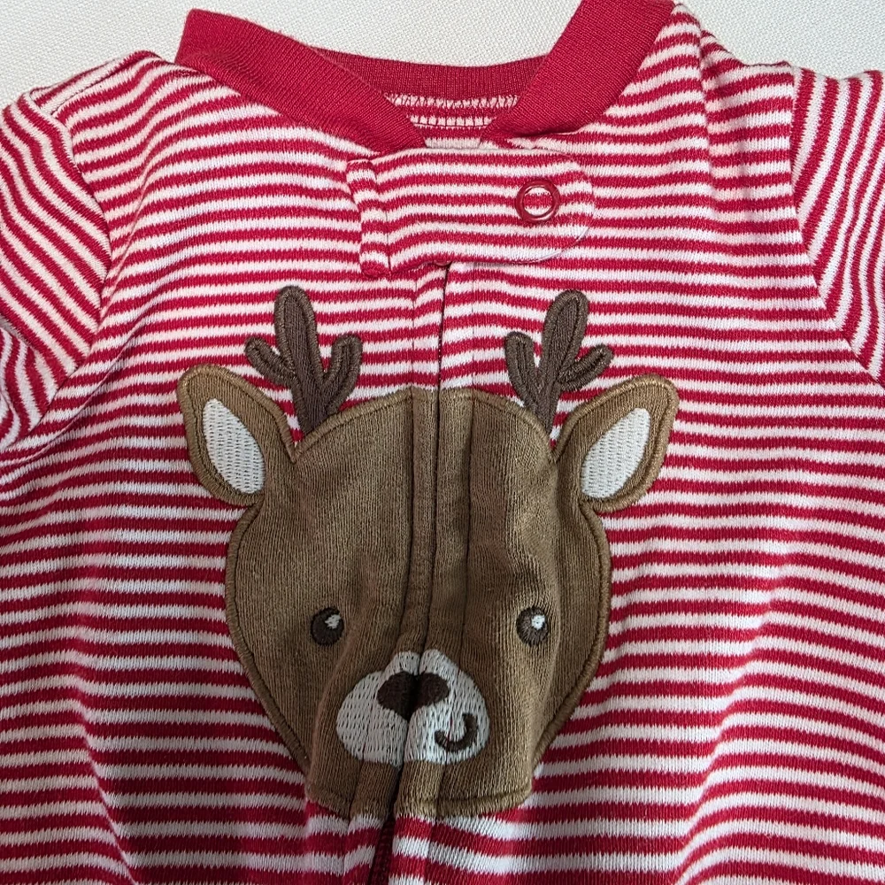 Carter's Striped Red White Brown Reindeer One Piece Christmas Sleeper 3 Mo EUC